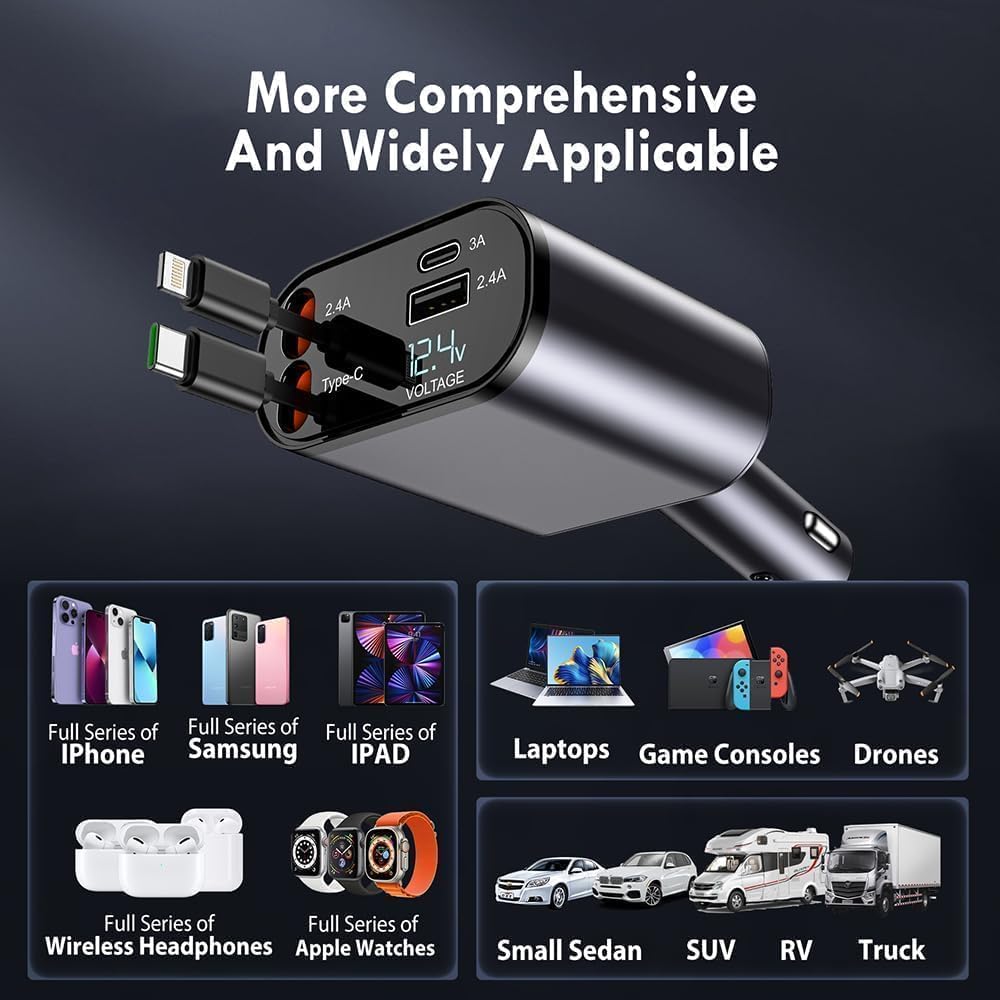 4-in-1 Retractable Car Charger, with 31.5-Inch Retractable Cables and Dual USB Ports