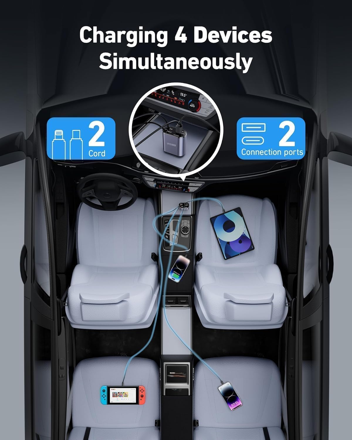 4-in-1 Retractable Car Charger, with 31.5-Inch Retractable Cables and Dual USB Ports