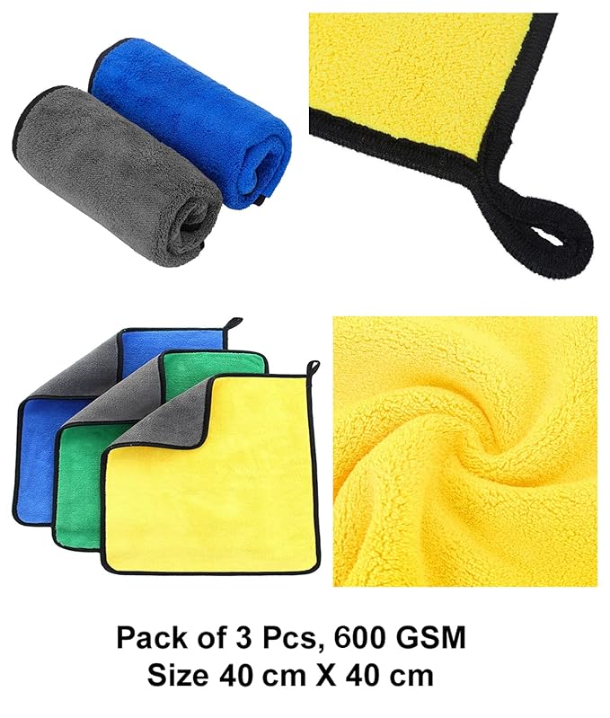 Microfiber Cloth for Car Cleaning (600 GSM, Pack of 3, 40x40 cm, Multi- Colour) Double Sided