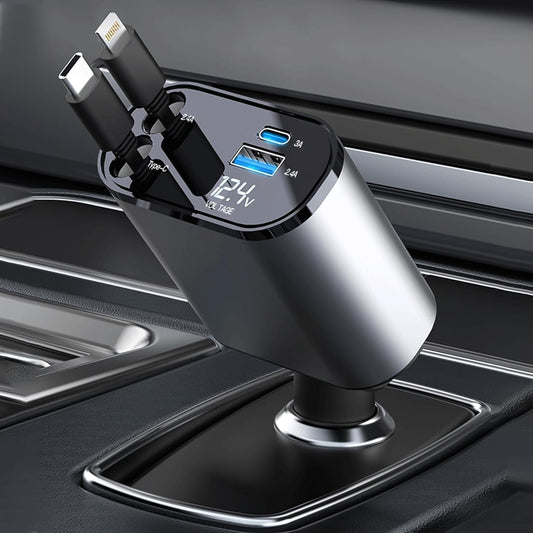 4-in-1 Retractable Car Charger, with 31.5-Inch Retractable Cables and Dual USB Ports