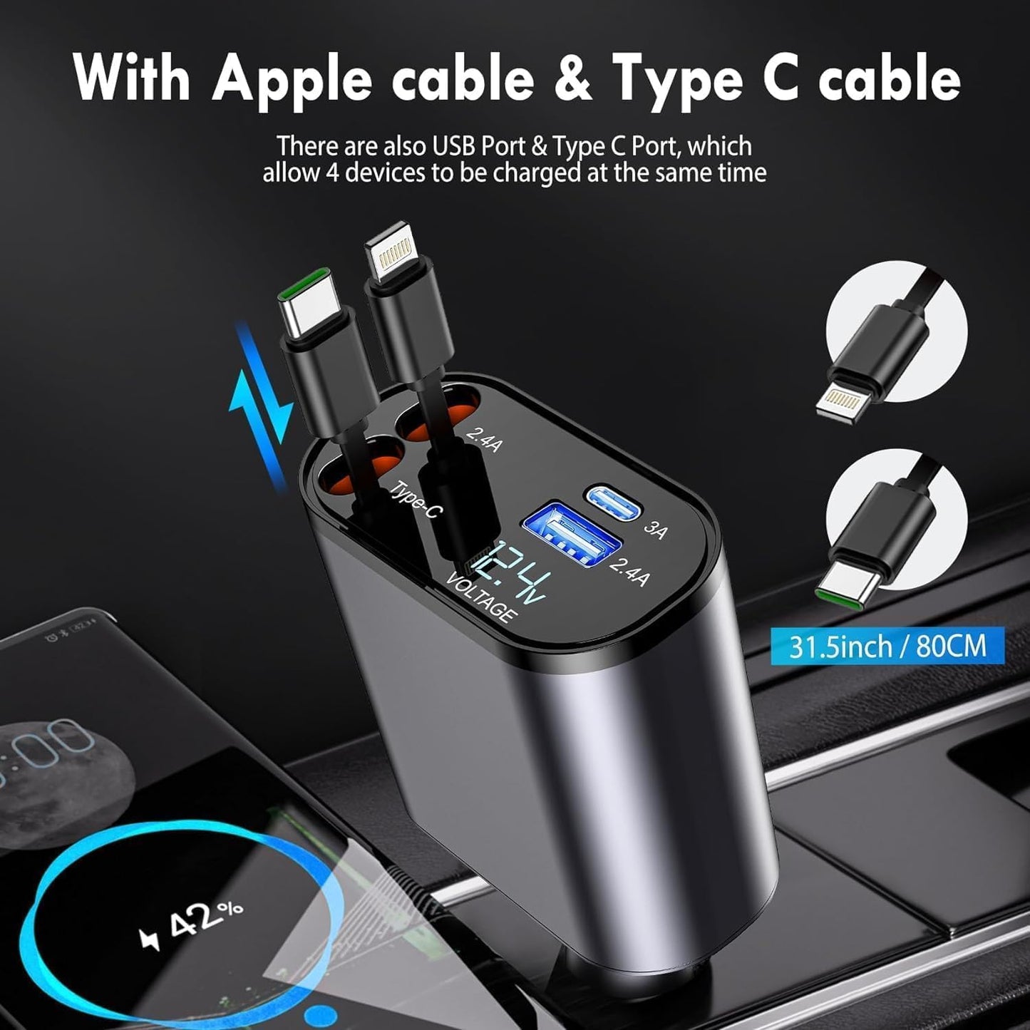 4-in-1 Retractable Car Charger, with 31.5-Inch Retractable Cables and Dual USB Ports